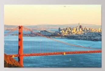 Stunning canvas design featuring a photograph of the Golden Gate Bridge and the San Francisco skyline at sunset