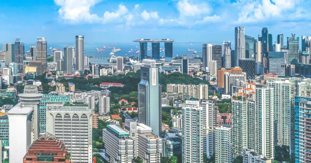 Singapore Skyline on a beautiful day featuring Marina Bay Sands